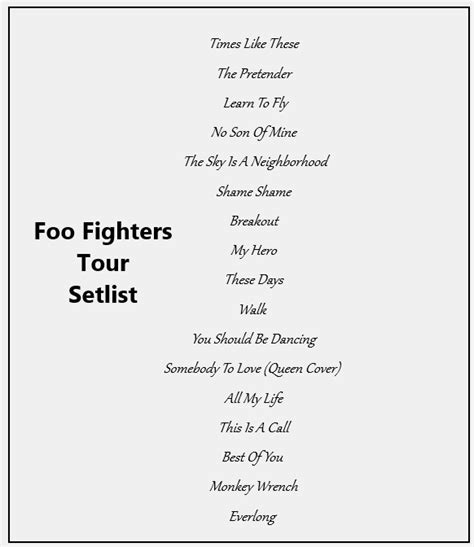 Nov 15, 2023 ... Foo Fighters perform on ACL, 2023. L-R: Josh Freese, Dave Grohl ... Foo Fighters setlist: Times Like These. No Son Of Mine. Rescued. Under ...